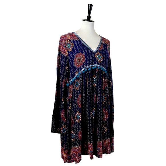Artistic Works by Lu Boho Swing Dress V-neck Fringe Blue Multi Women’s Size XL - Picture 2 of 11